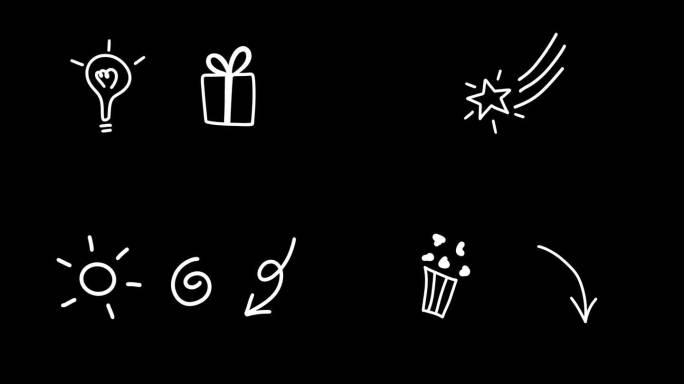 动画涂鸦图标集:Сrown，箭，火，微笑，太阳，星星，礼盒。