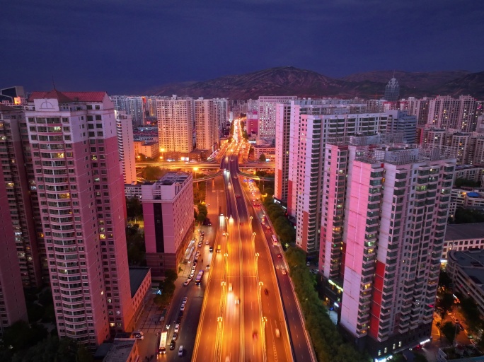 青海西宁住宅楼高架夜景航拍延时