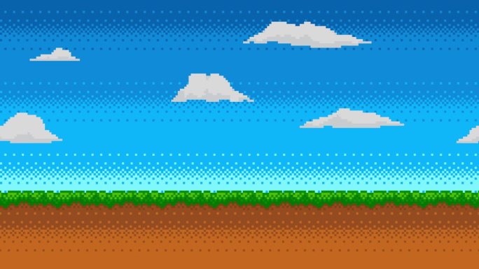 复古视频游戏背景的像素艺术动画。动画8位景观与移动的云。