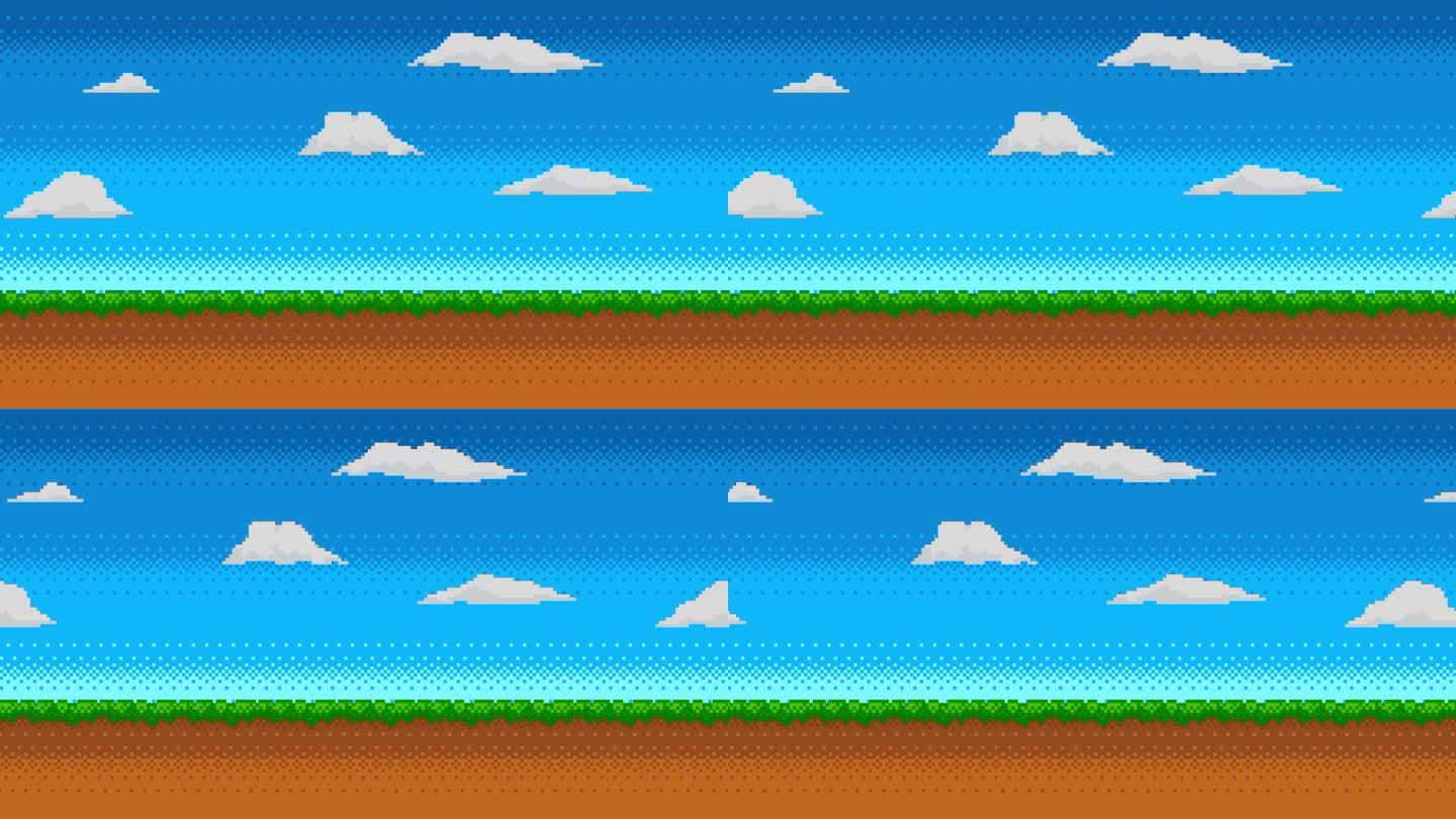 复古视频游戏背景的像素艺术动画。动画8位景观与移动的云。