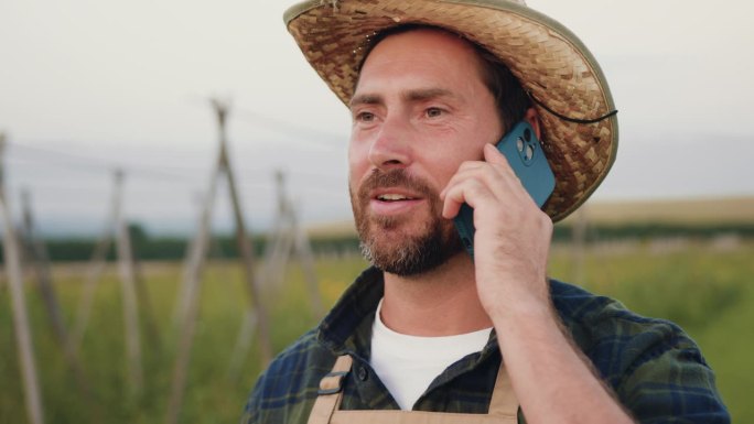 戴着帽子的快乐年轻英俊男子打电话的特写肖像。农民站在村里的田地里用智能手机聊天。茶叶产业的有机智慧农