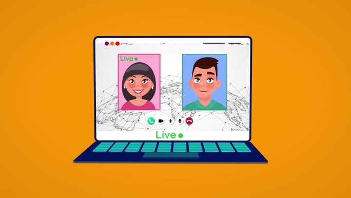 一对卡通人物约会在线在笔记本电脑屏幕上的实时视频通话。美丽的女孩与她的男朋友在视频通话应用程序上的现