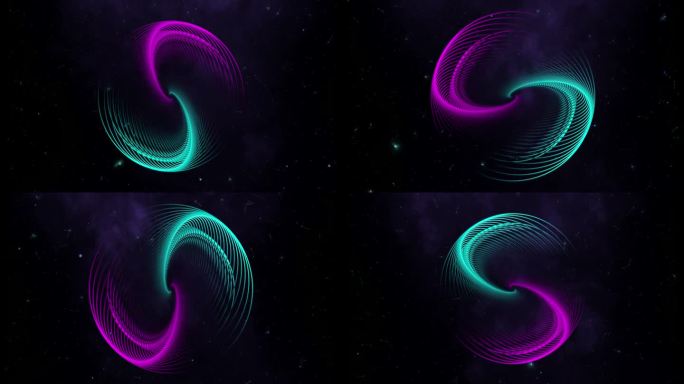 未来的循环视频动画3D球体设计，蓝色和粉红色的霓虹灯发光的圆圈在黑色的空间星系星空背景下移动