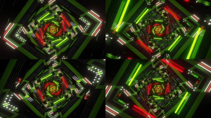 绿色和红色和白色科幻霓虹灯辉光方形螺旋背景VJ循环在4K