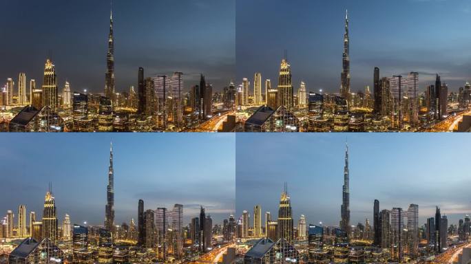 迪拜哈利法塔的天际线从黑夜到白天的时间推移鸟瞰图，阿拉伯联合酋长国