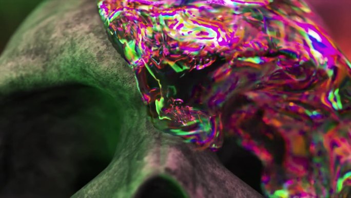 抽象的概念。人类头骨变成钻石，霓虹背景。转换。转世，3D动画
