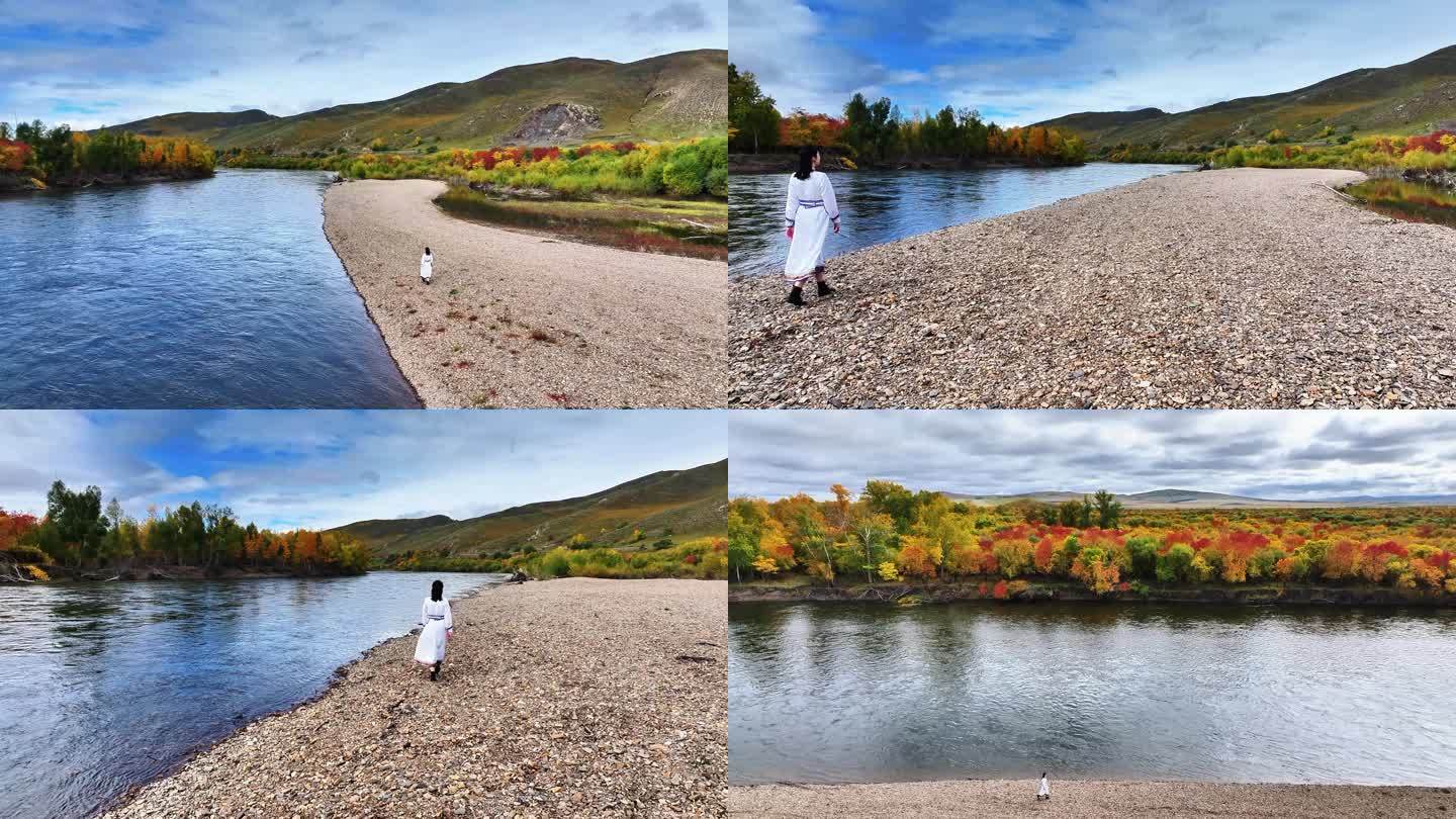 五彩大地、秋天、湿地、河流、蒙古美女