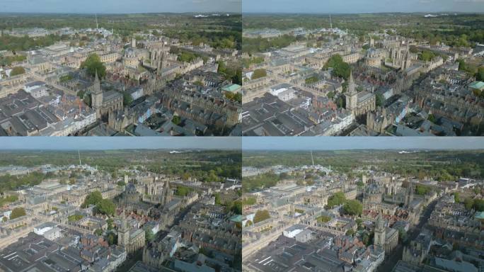 英国牛津市中心的无人机航拍画面。