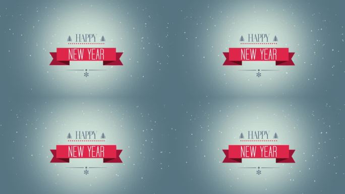 新年快乐，飘雪花，飘蓝天红丝带