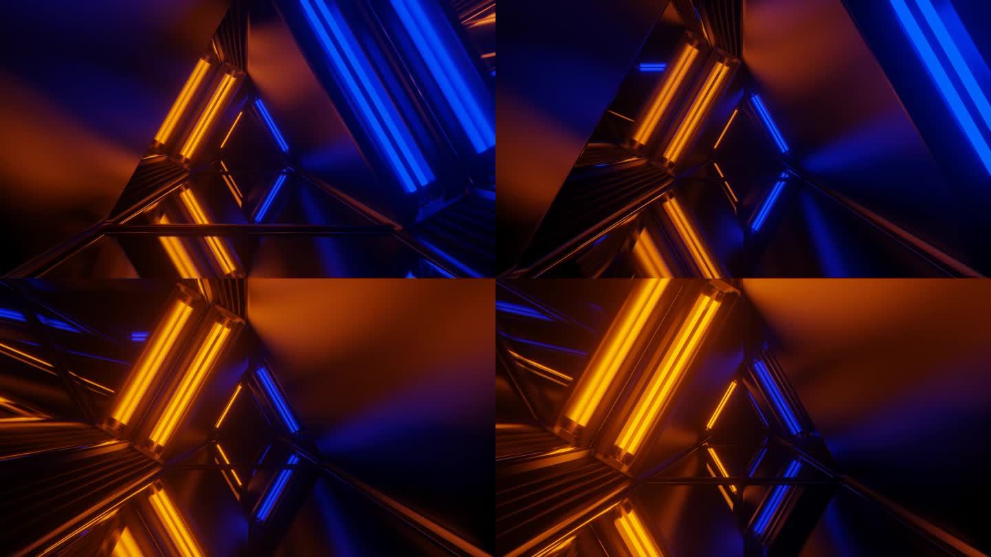 蓝色和橙色霓虹灯辉光镜子三角形隧道背景VJ环路在4K