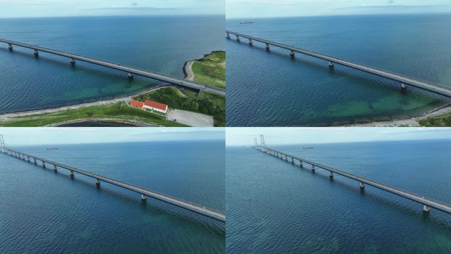 横跨丹麦富南和西兰海峡的大带桥——令人惊叹的空中跟踪汽车在桥的入口，揭示了桥梁的全景