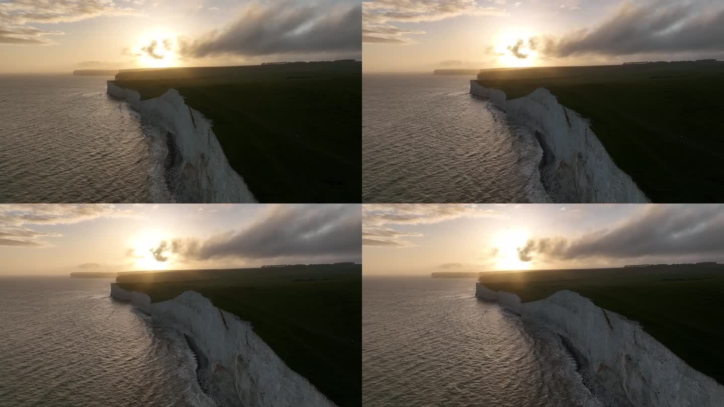 英国多佛白崖的日出航拍视频
