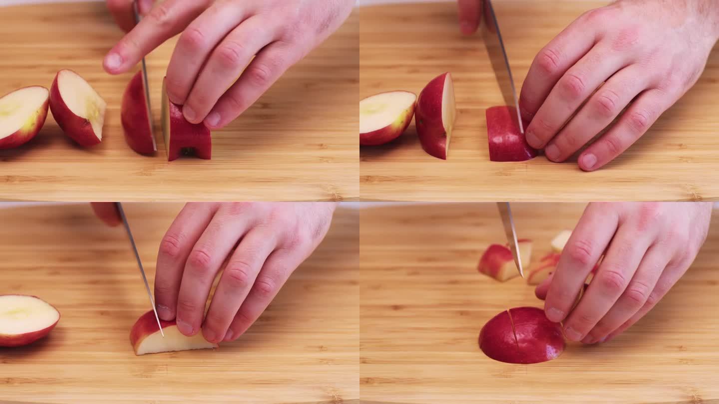 一个红苹果被切成块的特写