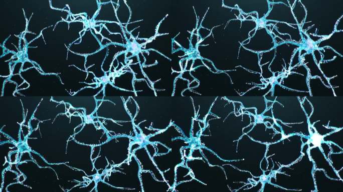 大脑中的人工智能。AI神经元细胞发送电子化学信号。大脑中电脉冲的活动突触，轴突，神经递质，树突。4K