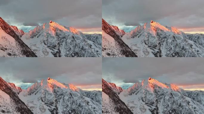 航拍贡嘎山区多戈隆巴雪山日照金山风光