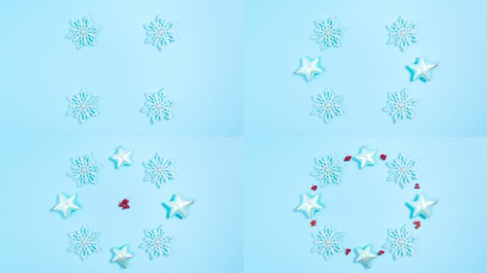 雪花、星星和红色樱莓的圣诞装饰从中心出现，形成一个圆圈。蓝色背景