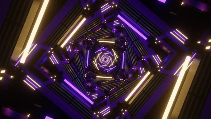紫色和黄色科幻霓虹辉光方形螺旋背景VJ循环在4K
