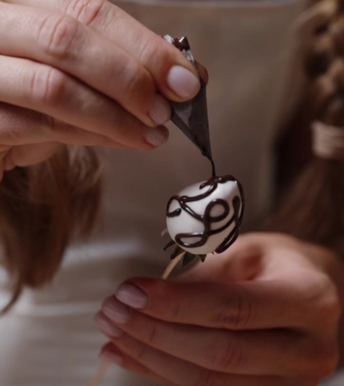 这名女子正在用白巧克力装饰草莓，并用裱花袋里的黑巧克力装饰出复杂的图案。缓慢的运动。垂直视频。