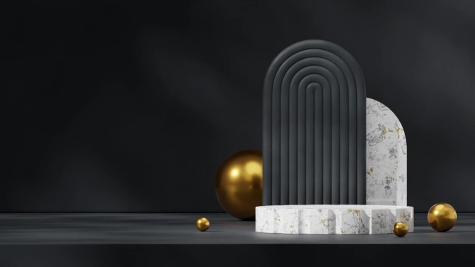 空的白色大理石讲台的模型与循环无缝阴影动画黑色拱门和金色的球，3d渲染镜头