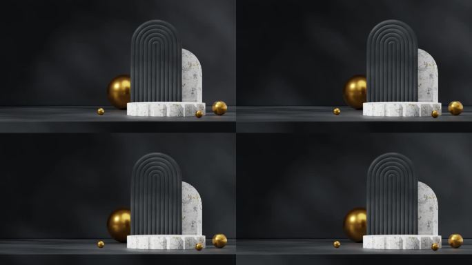空的白色大理石讲台的模型与循环无缝阴影动画黑色拱门和金色的球，3d渲染镜头