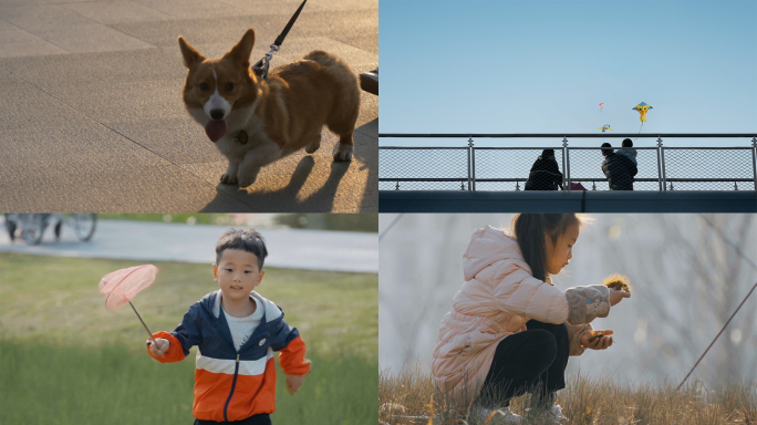 人文孩子玩耍风筝狗夕阳意境生活