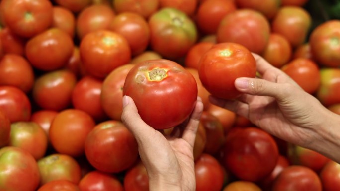 一名顾客在杂货店挑选西红柿的特写镜头