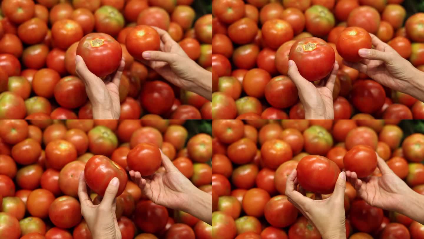 一名顾客在杂货店挑选西红柿的特写镜头