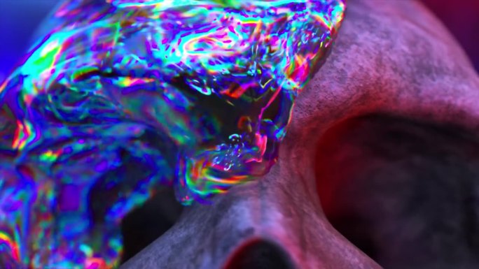 一种液体钻石物质覆盖在头骨上，把骨头变成钻石。霓虹灯。彩虹:3D动画
