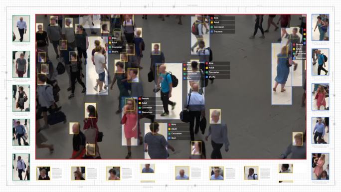 监控界面使用人工智能和面部识别系统对个人数据进行分类，显示每个人的性别、种族和服装类型。深度学习。未