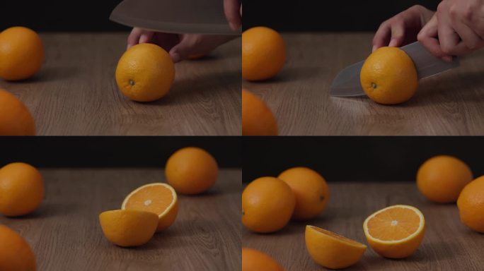 在木板上切橙子，黑背景
