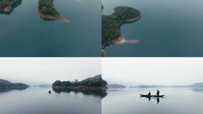 御三航拍黄山太平湖蓑衣船夫