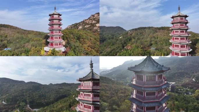 航拍山东荣成石岛赤山风景区法华塔秋季风景