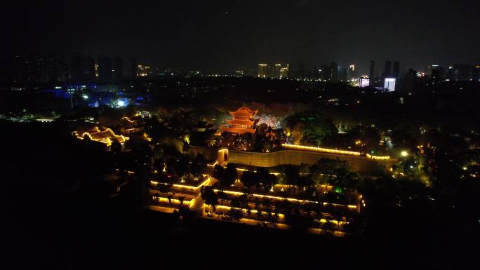 湖南岳阳岳阳楼汴河街夜景灯光航拍