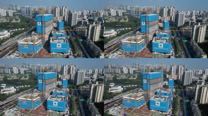 航拍重庆渝北两江新区医院城市风光建筑工地