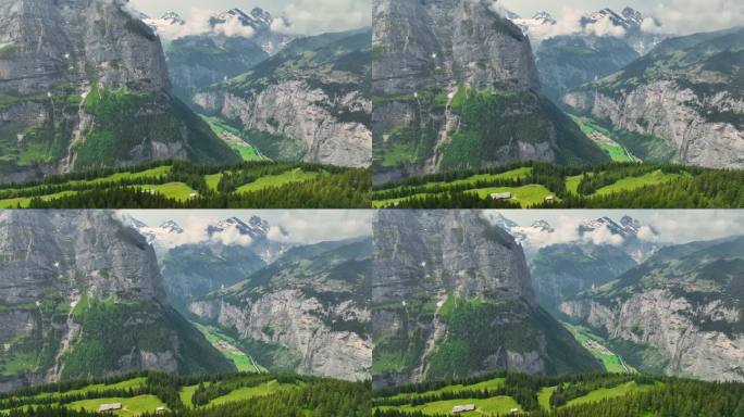 美丽的山脉与冰川，瀑布和山谷-瑞士阿尔卑斯山的自然。瑞士劳特布龙嫩山谷鸟瞰图