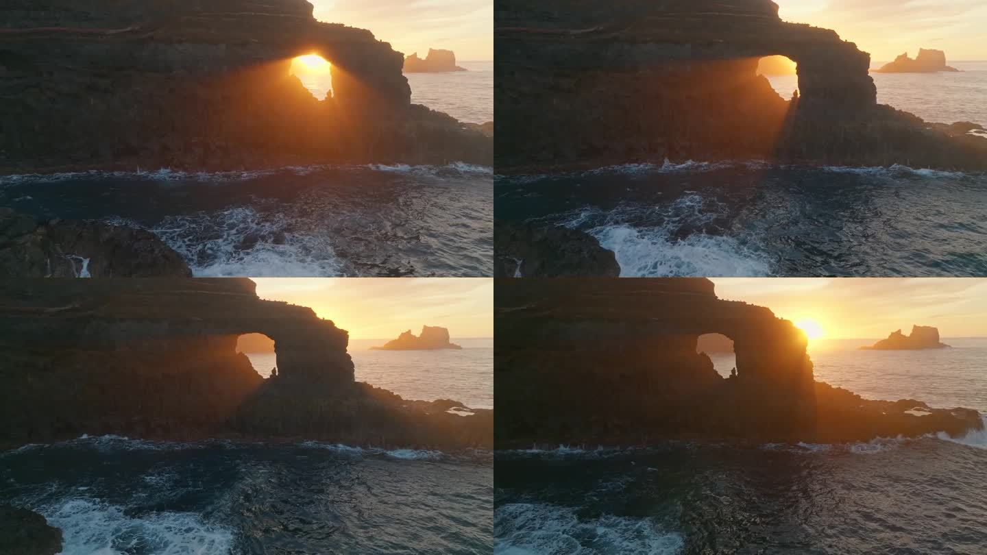 壮丽的日落在海边，鸟瞰图。Poris de Candelaria的观点，拉帕尔马。在加那利的拉帕尔马