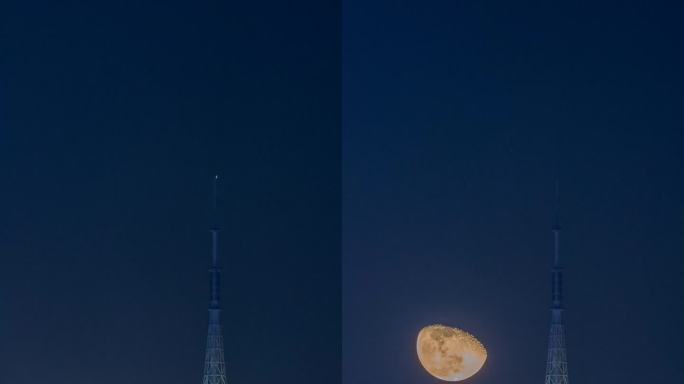 月亮擦过澳门电视塔观光塔升起的壮美景象