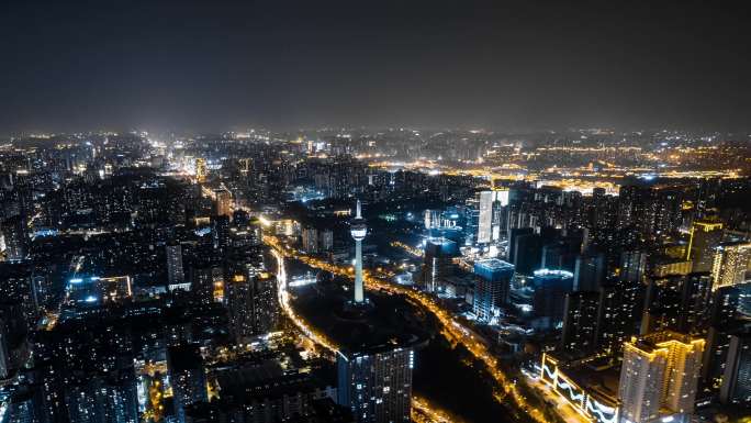 西安南三环电视塔大雁塔航拍大范围夜景航拍