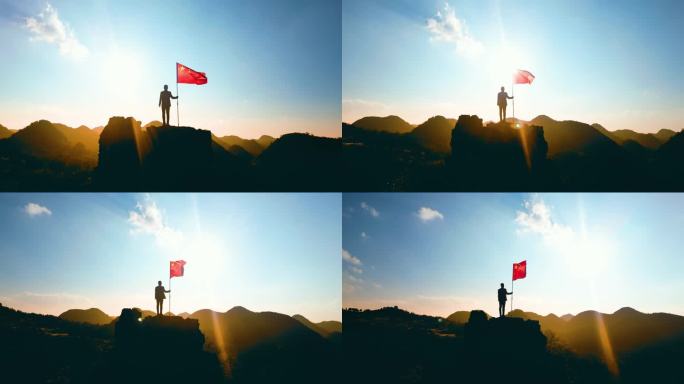 青年山顶举起五星红旗爱国教育红色文化传承