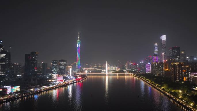 广州珠江夜景亮灯延时航拍广州塔城市风光