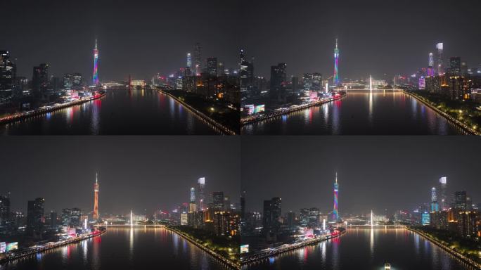 广州珠江夜景亮灯延时航拍广州塔城市风光