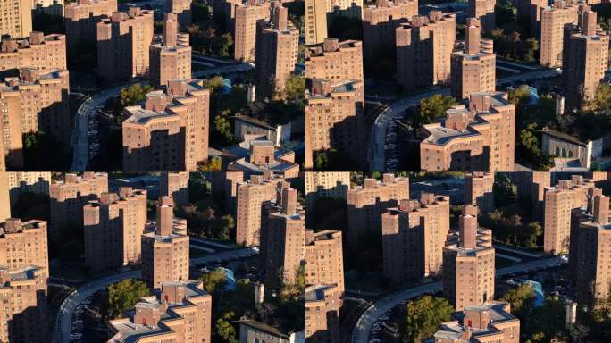 日出时纽约市住宅项目的鸟瞰图