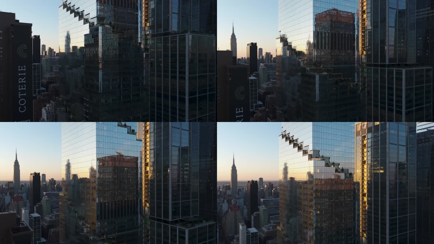 城市航拍纽约市曼哈顿螺旋大厦摩天大楼日出