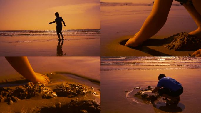 黄昏海边小孩玩水玩沙