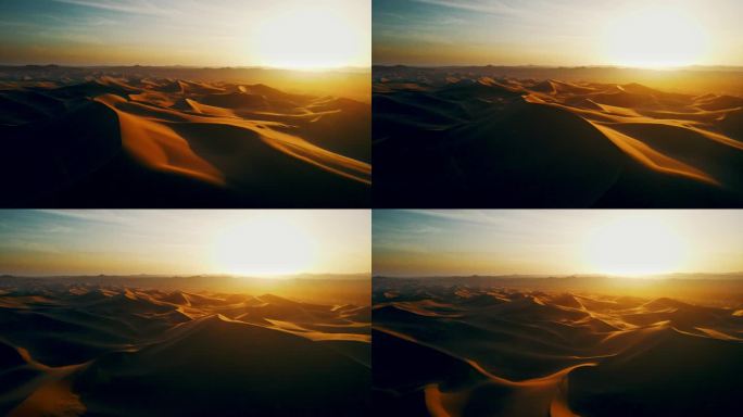 沙漠夕阳落日沙漠沙海大景航拍