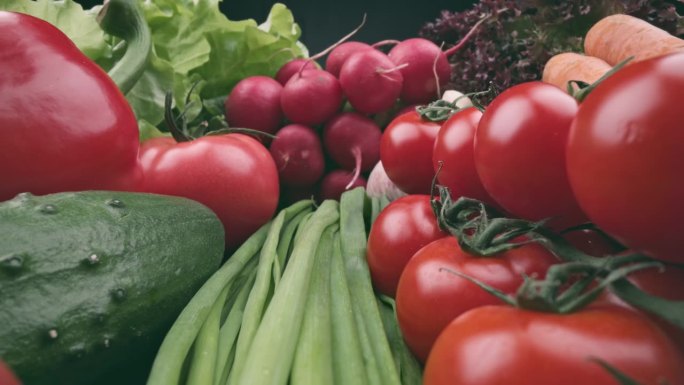 新鲜有机湿蔬菜滑动镜头。健康的夏季蔬菜收获在黑色背景。番茄、黄瓜、辣椒、大蒜、萝卜、欧芹和生菜