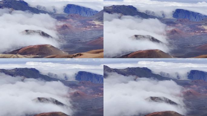 在夏威夷毛伊岛的哈雷阿卡拉山顶，云层笼罩着火山口，这是电影般的急速上升的镜头。30fps的4K HD