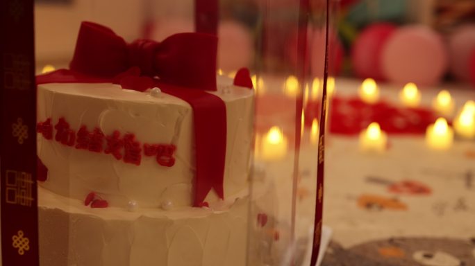 求婚现场电子蜡烛玫瑰花瓣彩色气球结婚蛋糕