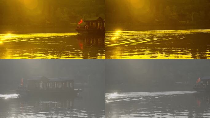4k唯美夕阳下的湖边游船意境空镜头