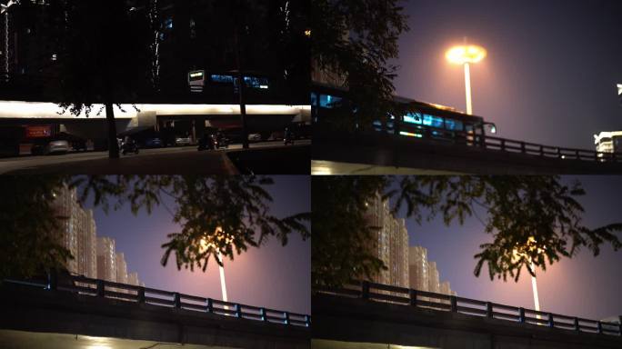 城市夜晚高架桥公交车下班